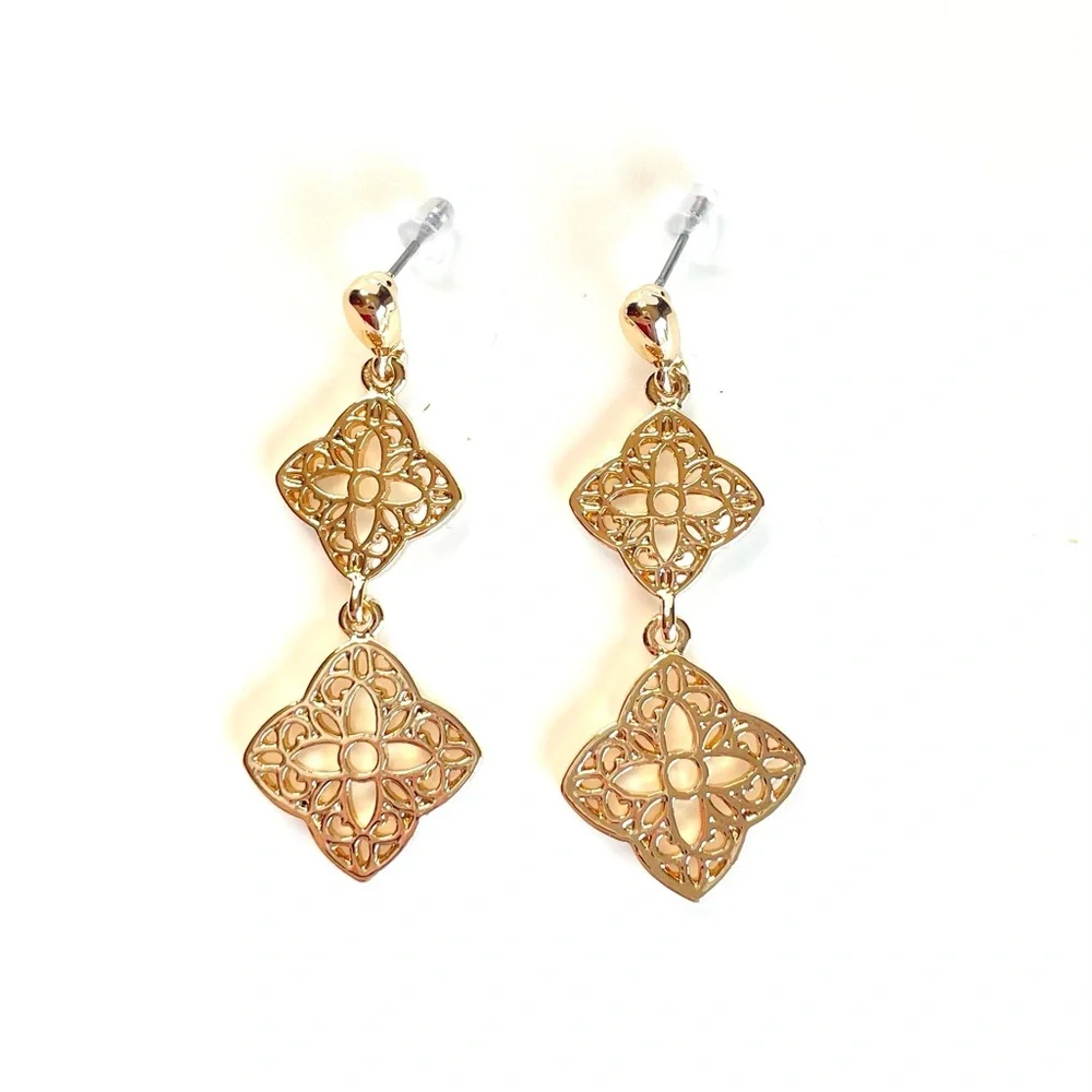 Gold drop earrings filigree lace diamond shapes post glam Y2K